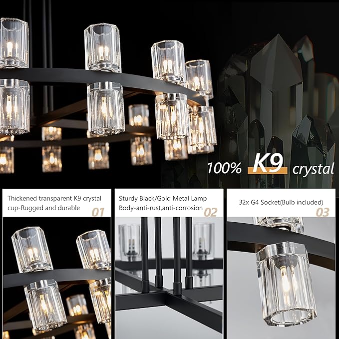 36" Black Wagon Wheel Crystal Chandelier for Dining Room Over Table, Modern Round K9 Crystal Ceiling Chandelier Pendant Light Ideal for Living Room Entryway Foyer