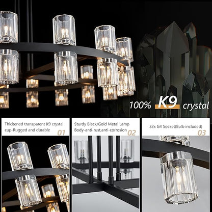 36" Black Wagon Wheel Crystal Chandelier for Dining Room Over Table, Modern Round K9 Crystal Ceiling Chandelier Pendant Light Ideal for Living Room Entryway Foyer