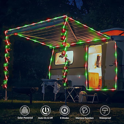 Solar Rope Lights, 33ft 100LED Solar String Lights, 8 Modes Waterproof Solar Powered Outdoor Light, Flexible Clear Tube Light for Garden Backyard Patio Deck Porch Pool Tree Christmas Decor- Red&Green