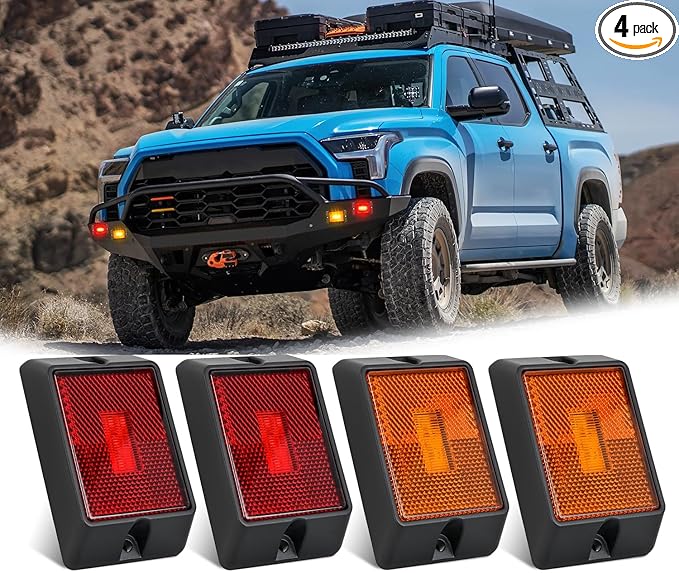 Nilight Side Marker Light 4PCS Square 3LED Red Amber Front Rear Clearance Indicator Lights Reflective Lens Surface Mounted Waterproof for 12V Truck Trailer RV Boat