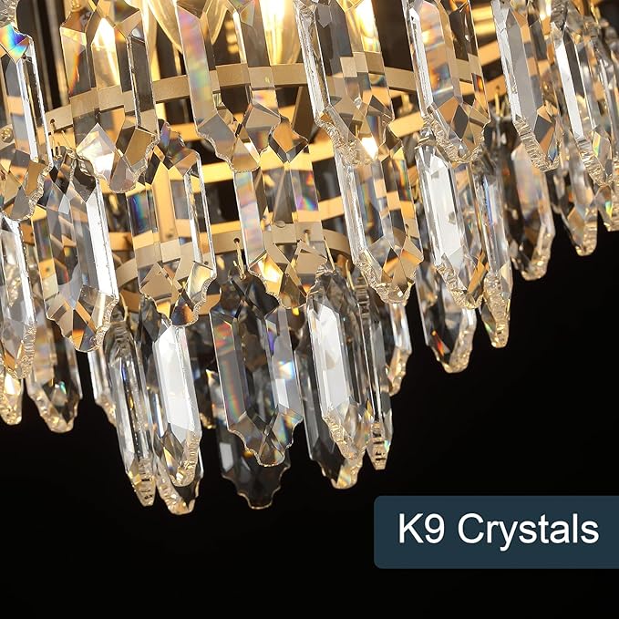 20" Gold Crystal Chandelier Modern 9-Light Luxury Chandelier Light Fixtures 5 Tiers K9 Crystal Round Lighting for Dining Room Bedroom Kitchen Island Living Room Foyer Entryway, E12