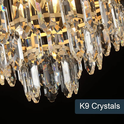 20" Gold Crystal Chandelier Modern 9-Light Luxury Chandelier Light Fixtures 5 Tiers K9 Crystal Round Lighting for Dining Room Bedroom Kitchen Island Living Room Foyer Entryway, E12