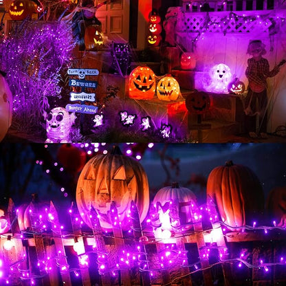 New Upgraded Purple Solar String Lights Outdoor 2 Pack Total 144FT 400LED Solar & USB Rechargeable 19 Mode Solar Halloween Lights for Outside Yard Patio Garden Party Xmas Halloween Decorations, Purple