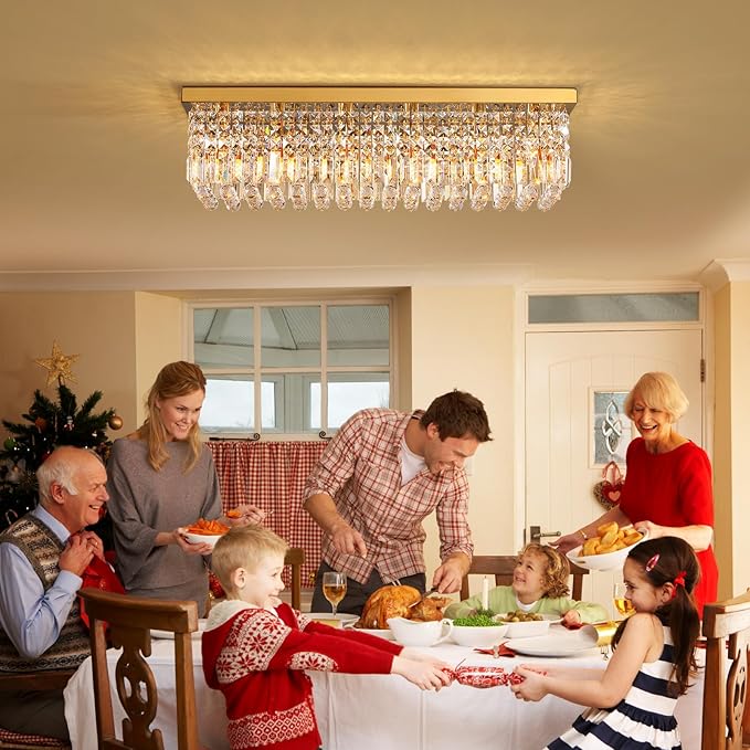 Siljoy 6-Light Modern Crystal Chandelier, Gold Rectangular K9 Crystal Raindrop Chandelier Flush Mount Ceiling Light Fixture for Dining Room Living Room Kitchen Island L31.5'' x W10'' x H10''