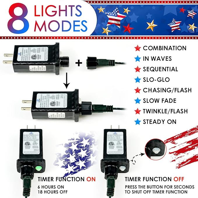 4th of July 95FT 240LED Red White and Blue String Lights, Extra-Long Connectable Led Twinkle Lights Waterproof with 8 Modes Memory, Independence Day Decoration