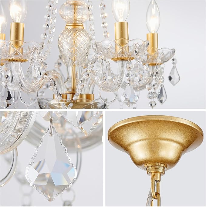 WUZUPS Crystal 5-Light Candle Chandelier Pendant Flushmount Ceiling Light Modern Lighting Fixture for Bedroom Hallway Bar Kitchen Bathroom, H 25" x W 20", Gold, E12 Base