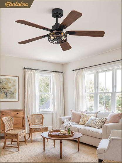 Fanbulous 1 Pack 42 Inch Rustic Caged Ceiling Fan with Lights, Black Farmhouse Ceiling Fans for Bedroom Living Room, Double-Sided 5 Blades Rustic Ceiling Fan