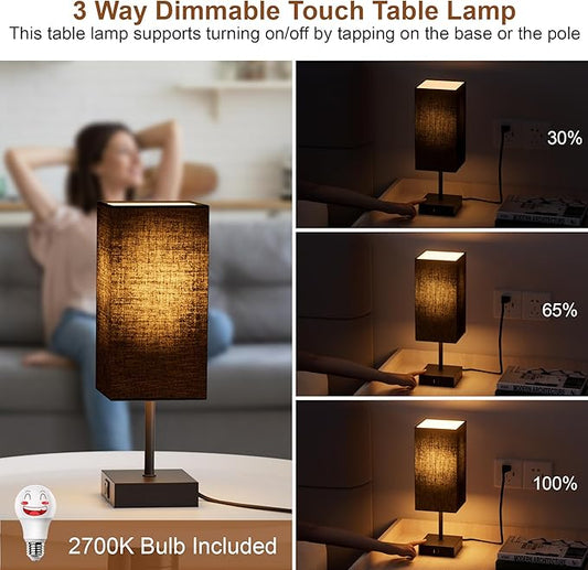 Bedside Table Lamps Set of 2, Touch Bedroom Lamp with USB C+A Charging Ports, 3 Way Dimmable Lamps for Night Stands, Small Table Lamp for Bedroom Decor, LED Bulbs Included, Upgraded Black