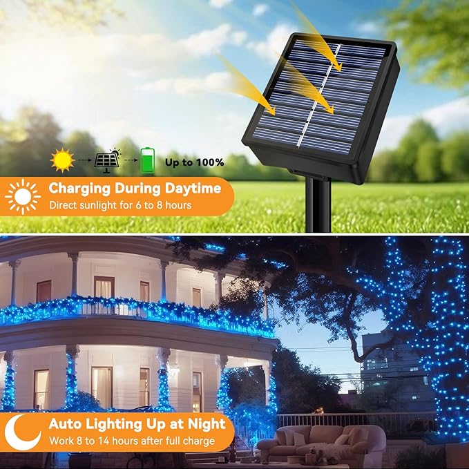 Solar String Lights Outdoor Waterproof 2 Pack Total 66ft 200LED 8 Modes Twinkle Lights Solar Fairy Lights for Patio, Garden Yard Party Wedding Tree Christmas Halloween Decoration, Blue