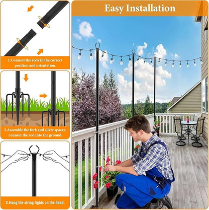 Mutovlin 6 Pack String Light Poles,10 Ft Light Poles for Outside String Lights,Outdoor Lights Pole with Fork,Metal Poles Stand for Patio Deck Backyard (10FT 6 Pack)