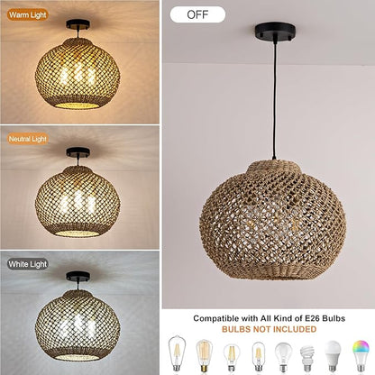 Farmhouse Rattan Chandelier 17” Boho Natural Seagrass Hanging Pendant Lights 3-Lights Hand-Woven Wicker Dining Room Light Fixture for Kitchen Island Entry Living Room Bedroom Hallway