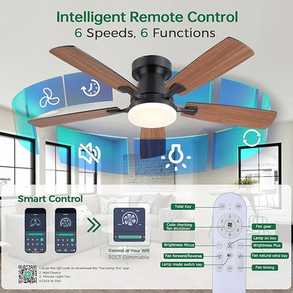 Ceiling Fans with Lights, 48 Inch Ceiling Fan with Light And Remote/APP,Low Profile Ceiling Fan with Light,DC Reversible,6 Speed Noiseless LED Ceiling Fan,Brown Small Ceiling Fan for Bedroom