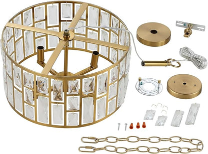 MEXO Farmhouse Crystal Convertible Chandelier and Semi Flush Mount Lighting Gold Cylinder Drum Shade Pendant for Kitchen Island Dining Room Bedroom Hallway