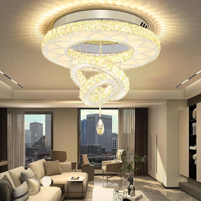 Flashing God Dia 24" Crystal Chandelier Crystal Silver Ceiling Light Fixtures LED Flush Mount Ceiling Light for Living Room Bedrooms Dining Room Dimmable 2700k 4500k 6000k