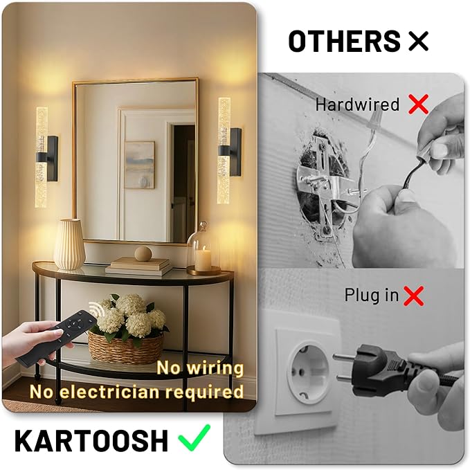 KARTOOSH Black Rechargeable Wireless Wall Sconce Set of Two, Battery Operated Wall Lights with Remote Control,350°Rotate,3000K/4000K/6000K,Dimmable,Timer,for Living Room,Dining Room,Hallway,15.3 Inch