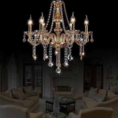 Bagood Champagne 6 Lights K9 Crystal Candle Chandeliers Lighting Modern Pendant Lights Candle Chandelier Lighting Crystal Modern Chandelier for Dining Living Room Bedroom E12 Base, H22 x W23.6 Inch
