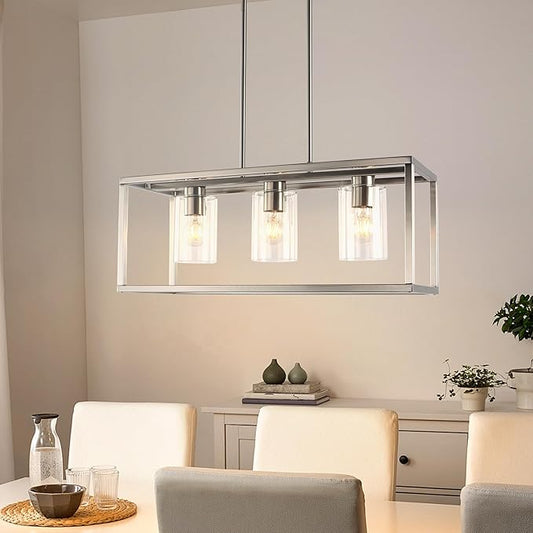 Kalium Chandeliers for Dining Room, 3 Light Dining Room Light Fixture Modern Metal Industrial Kitchen Lighting Fixtures Easy Installation Pendant Lights for Bar Restaurant-E26 Socket, Silver