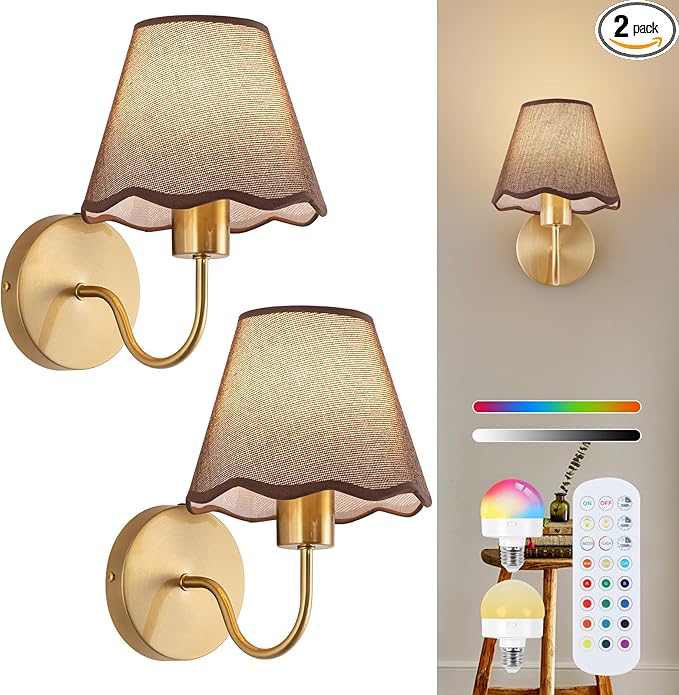 ADISUN Battery Operated Wall Sconce Set of 2, Gold Wall Lamps Rechargeable Bulbs for Living Room, Brown Rattan Shade, Wireless Wall Lights for Bedroom Living Room Hallway Kitchen(2 Bulbs Included)