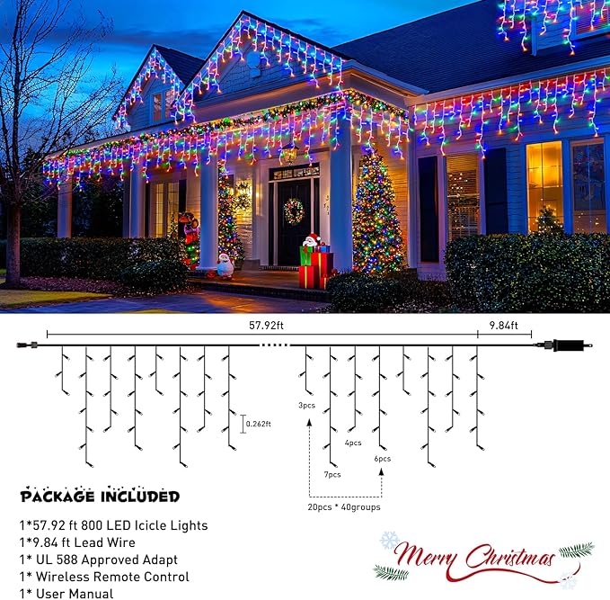 JMEXSUSS 800 LED Christmas Icicle Lights Outdoor Plug-in, Multicolor Waterproof, 8 Modes with 160 Drops for Bedroom House Holiday Party Decorations