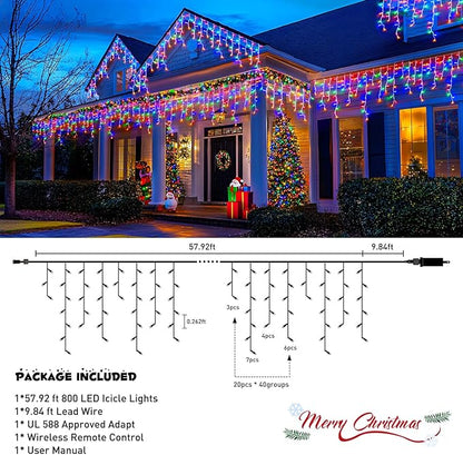 JMEXSUSS 800 LED Christmas Icicle Lights Outdoor Plug-in, Multicolor Waterproof, 8 Modes with 160 Drops for Bedroom House Holiday Party Decorations