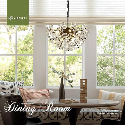 17" Modern Black Crystal Sputnik Chandelier for Dining Living Room Glam Luxury Petal Hemisphere Chandelier 7-Light for Foyer Hallway Elegant Pendant Ceiling Light Fixture for Kitchen Bedroom