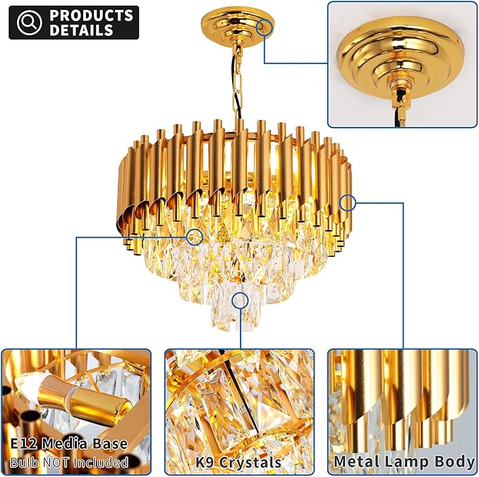 Modern Luxury Crystal Pendant Light Crystal Chandelier Round Chandelier Flush Mount Ceiling Lighting Fixture for Living Room Dining Room Table Restaurant,E12x4 Lights,Gold
