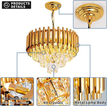 Modern Luxury Crystal Pendant Light Crystal Chandelier Round Chandelier Flush Mount Ceiling Lighting Fixture for Living Room Dining Room Table Restaurant,E12x4 Lights,Gold
