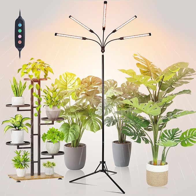 FECiDA 2026 5Head Grow Lights with Upgraded Stand, Standing Grow Lights for Indoor Tall Plants, Bonsai Tree, 4/8/12/16/20 Hr Timer, 45 Watt Power Draw, NO Need Adapter, 24"-72" Height Adjustable