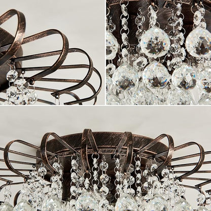 CVKASH 4-Light Crystal Floral Chandelier Modern Bronze Flush Mount Raindrop Crystal Ceiling Lighting Fixture Farmhouse Chandelier for Bathroom Living Room Bedroom Dining Room Entryway
