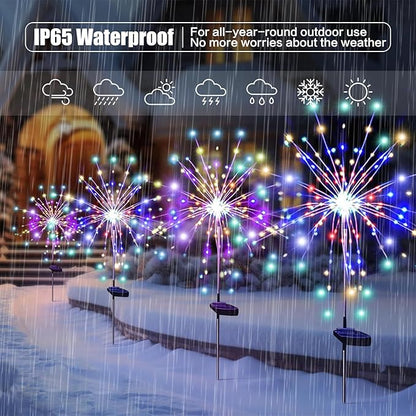 DONGULI Outdoor Solar Garden Lights, 120 LEDs 8 Lighting Modes Waterproof Solar Fireworks Light Sparklers for Patio Walkway Yard Courtyards Pathway Christmas Party Decorations, Colorful(4 Pack)