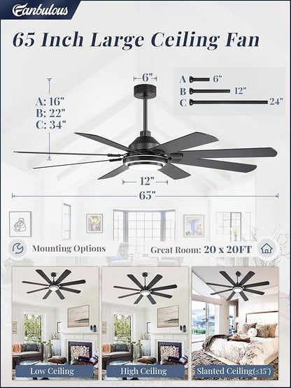 Fanbulous 65 Inch Ceiling Fans with Lights and Remote, Black Ceiling Fan with 8 Dual-Color Blades, Indoor/Outdoor Large Ceiling Fans, Reversible DC Motor, 6-Speed, 3CCT for Living Room Kitchen Patio