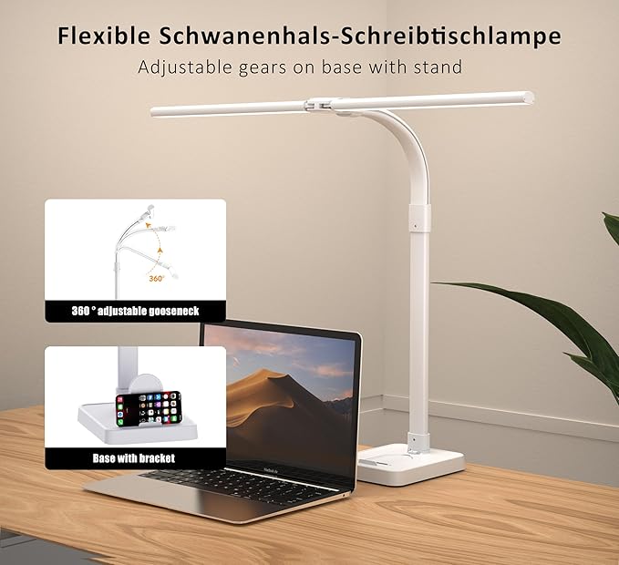 Double Head LED Desk Lamp, Architect Desk Lamps for Home Office, 24W Brightest Workbench Office Lighting-5 Color Modes and 5 Dimmable Eye Protection Modern Desk Lamp (White-Desktop, Big)