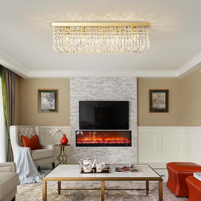 Saint Mossi 5-Lights Modern K9 Crystal Chandelier Light Fixture, Flush Mount Chandelier for Dinning Room, H9 x W10 x L31, Clear Crystal & Gold Finish