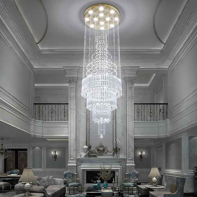 Flashing God D32''XH79'' Modern Foyer Chandelier for High Ceiling Raindrop Crystal Chandelier High Ceiling Pendant Light Fixture for Hallway Living Room Gold Stairwell Chandeliers