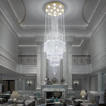 Flashing God D32''XH79'' Modern Foyer Chandelier for High Ceiling Raindrop Crystal Chandelier High Ceiling Pendant Light Fixture for Hallway Living Room Gold Stairwell Chandeliers