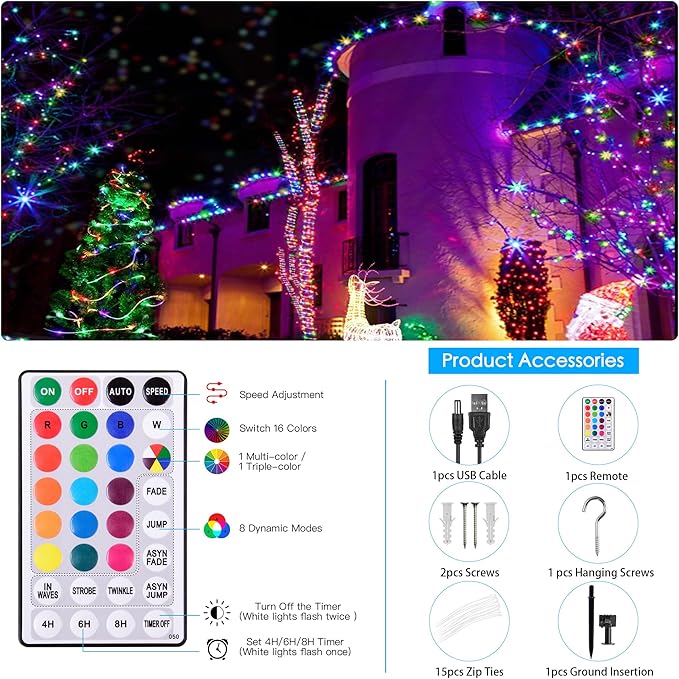 Solar Rope Lights Outdoor Waterproof, 49Ft 150 LED String Light Fairy Solar Powered & USB with Remote, 18 Colors Changing Trampoline Lighting for Outside Garden Patio Home Christmas Decoration