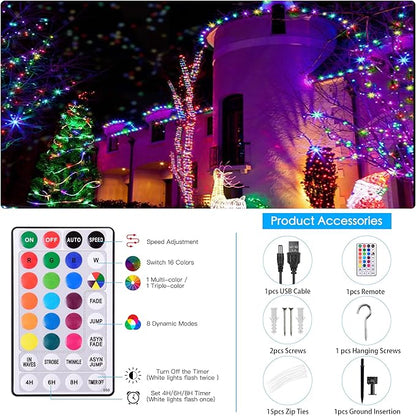 Solar Rope Lights Outdoor Waterproof, 49Ft 150 LED String Light Fairy Solar Powered & USB with Remote, 18 Colors Changing Trampoline Lighting for Outside Garden Patio Home Christmas Decoration
