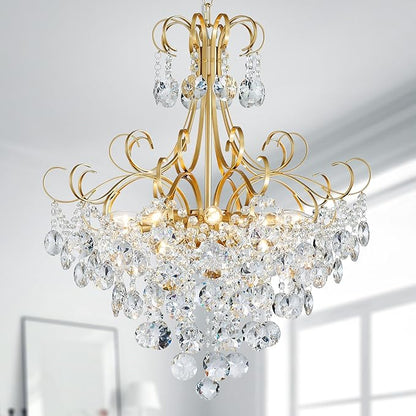 ANJIADENGSHI Crystal Chandelier, Modern K9 Crystal Pendant Light for Dining Room, Vintage Pendant Ceiling Fixture Lamp, 10-Lights Golden Chandelier Lighting for Kitchen Island, Living Room, Bedroom