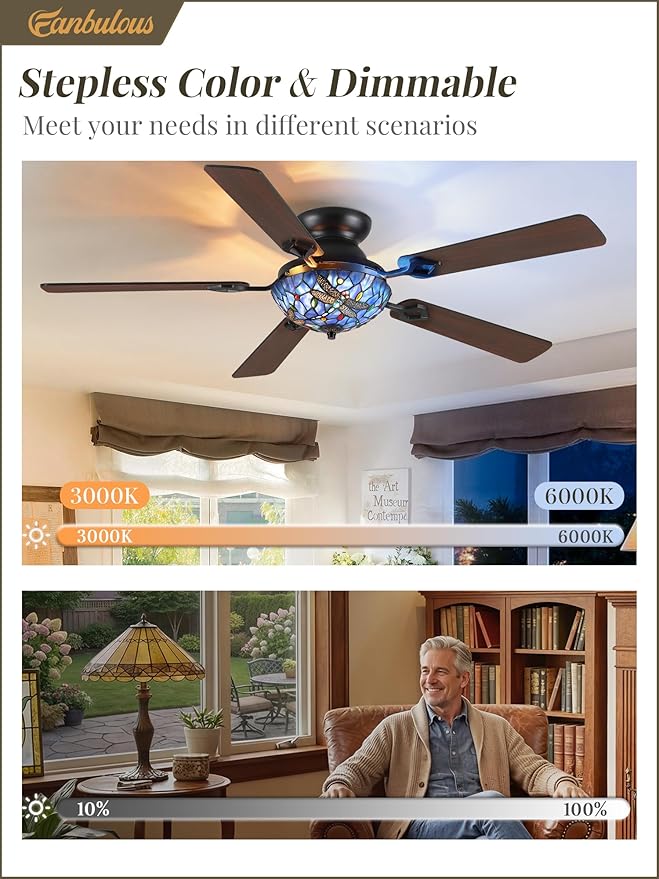 Fanbulous 52 Inch Tiffany Stained Glass Ceiling Fan,Stepless Color 24W LED, Dimmable, Remote & APP Control Quiet DC Motor Vintage Flush Mount Ceiling Fan,5 Dual-Finish Blades for Bedroom