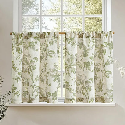 jinchan Linen Kitchen Curtains 24 Inch Vintage Floral Tier Curtains Farmhouse Cottage Cafe Rod Pocket Country Small Window for Laundry Room Bathroom RV 2 Panels Green on Beige