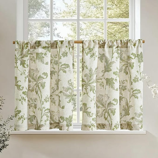 jinchan Linen Kitchen Curtains 24 Inch Vintage Floral Tier Curtains Farmhouse Cottage Cafe Rod Pocket Country Small Window for Laundry Room Bathroom RV 2 Panels Green on Beige