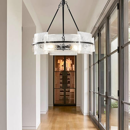 Modern Dining Room Chandelier 22” Black Textured Glass Chandelier Luxury Drum Crystal Light Fixture Farmhouse Round Hanging Lighting for Dining Room Kitchen Island Living Room Hallway Bedroom