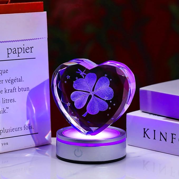 Qianwei 3D Four Leaf Clover 80mm Heart Shape Good Luck Gifts Ideas with Multicolor Lighting Base - Irish Gifts for Women Decor 4 Leaf Clover
