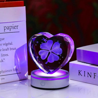 Qianwei 3D Four Leaf Clover 80mm Heart Shape Good Luck Gifts Ideas with Multicolor Lighting Base - Irish Gifts for Women Decor 4 Leaf Clover
