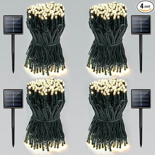 4 Pack Total 800 LED Solar Christmas Lights Outdoor, Solar String Lights for Outside with 8 Modes, Waterproof Green Wire Solar Powered Tree Light for Xmas Party Yard Garden Decorations (Warm White)
