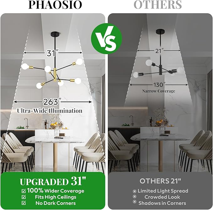 Modern Sputnik Chandeliers for Dining Room, Height Adjustable Semi Flush Black and Gold Chandelier Ceiling Mount Light Fixture 6-Light Mid Century for Living Room, Kitchen Island, Bedroom