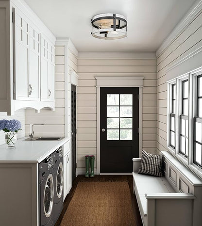 2-Light Farmhouse Ceiling Light, 12 inch Oak White Kitchen Flush Mount Ceiling Light, Round Rustic Light Fixtures with Wood Finish for Hallway Entryway, OS-3016WH