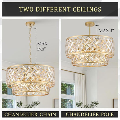 CATINER Gold Crystal Chandelier, 8-Light Drum Semi Flush Mount Ceiling Light, 24'' Luxury Brass Tone Pendant Fixture for Dining Room, Living Room, Kitchen, Foyer, Bedroom