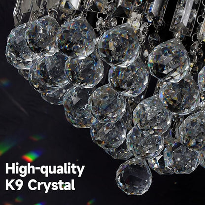 8-Light Modern Crystal Chandelier Black Metal G9 Base Flush Mount Round Light Fixture Ceiling Lamp Farmhouse for Dining Living Room Laundry Foyer Kitchen Balcony Bedroom (H 11''x W 16'')