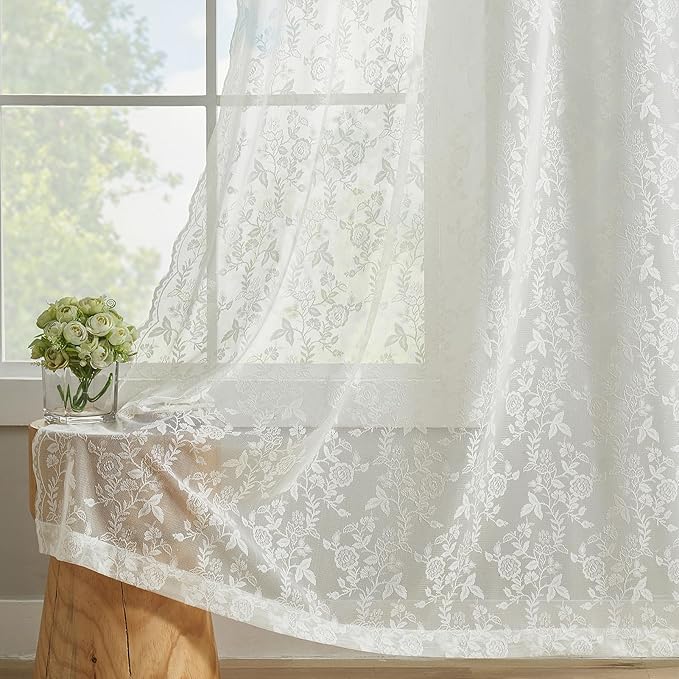 FINECITY Short Lace Curtains 36 Inch Length for Small Window, Rustic Leaf Floral Design Lace Cafe Curtains 2 Panels, Rod Pocket Privacy Sheer Lace Curtains, 42 x 36 Inch, 1 Pair, Ivory